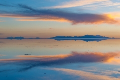 Sunset reflection, Salar de Uyuni salt flats, Bolivia.