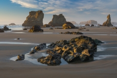 Seastacks and beach at low tide, Oregon.